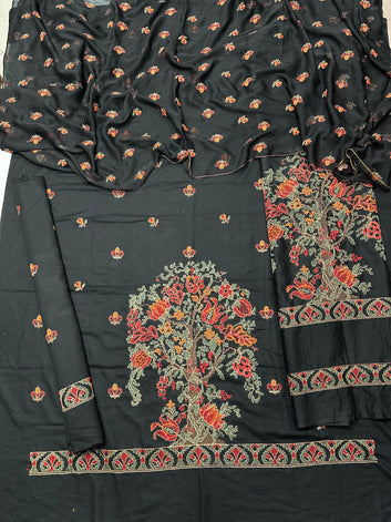 Bareeze- Karandi 3 Pcs All Over Embroidered Unstitched Suit With Chiffon Dupatta
