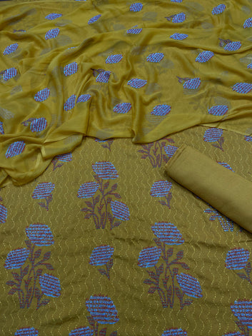 Bareeze- Karandi 3 Pcs All Over Embroidered Unstitched Suit With Chiffon Dupatta