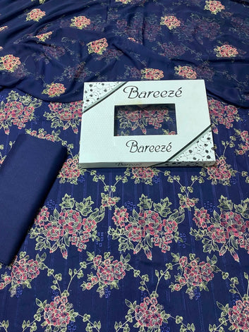 Bareeze- Karandi Chikan Kari 3 Pcs All Over Embroidered Unstitched Suit With Chiffon Dupatta