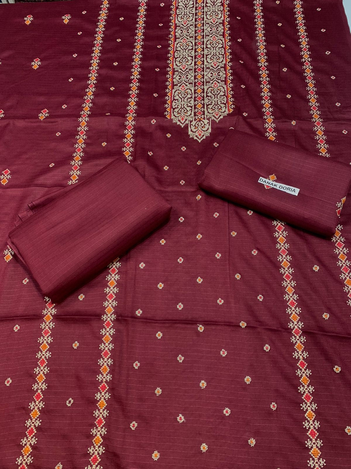 Doria Dhanak - 2Pcs Embroidered Shirt with Plain Trouser