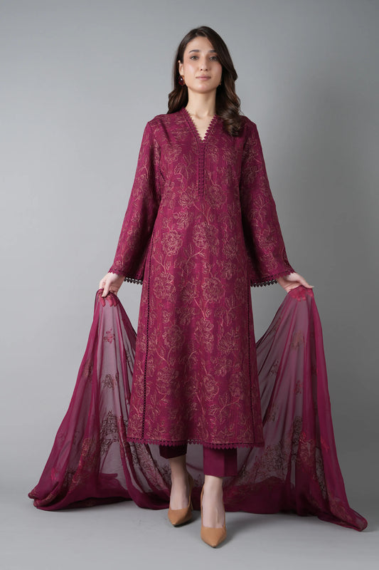 Bareeze- Karandi 3 Pcs All Over Embroidered Unstitched Suit With Chiffon Dupatta