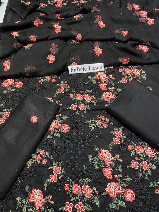 Chikan Kari - Lawn 3 Pcs Embroidered unstitched Dress with Chiffon Dupatta.