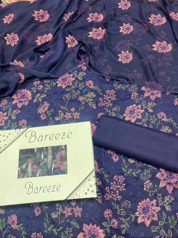 Bareeze - Chikan Kari Lawn 3 Pcs Allover Embroidered unstitched Dress with Chiffon Dupatta.