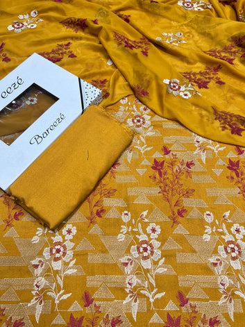 Bareeze- Karandi 3 Pcs All Over Embroidered Unstitched Suit With Chiffon Dupatta