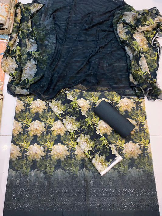 Printed Chikan Kari Lawn 3Pcs With Bemberg Printed Chiffon Dupatta Premium Unstitched Dress.