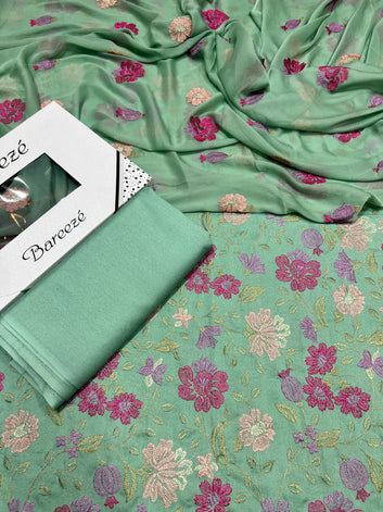 Bareeze- Karandi 3 Pcs All Over Embroidered Unstitched Suit With Chiffon Dupatta