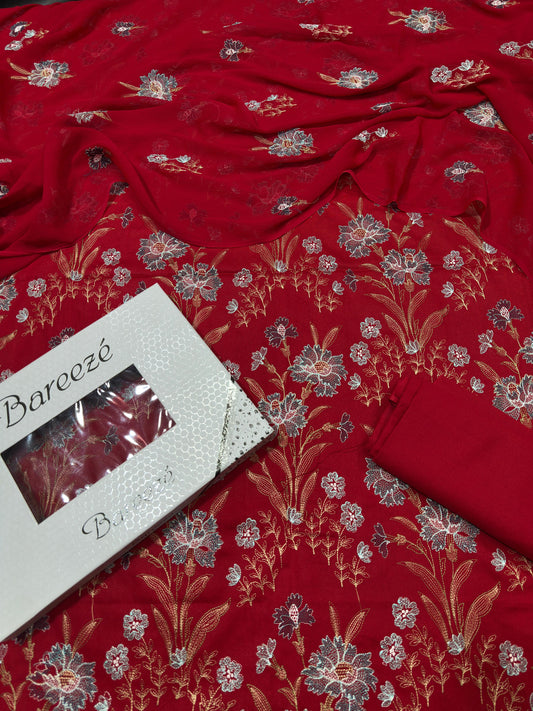 Bareeze- Karandi 3 Pcs All Over Embroidered Unstitched Suit With Chiffon Dupatta