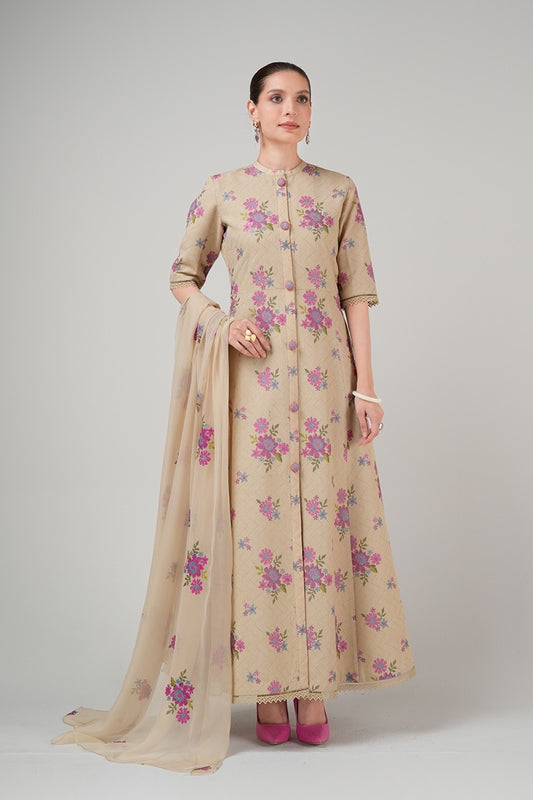 Lawn - 3Pcs All Over Embroidered Unstitched Suit with Chiffon Dupatta