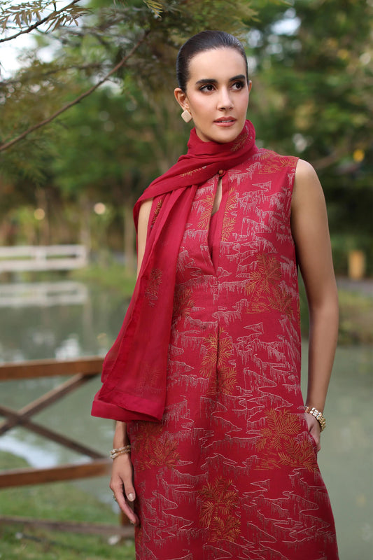 Bareeze- Karandi 3 Pcs All Over Embroidered Unstitched Suit With Chiffon Dupatta