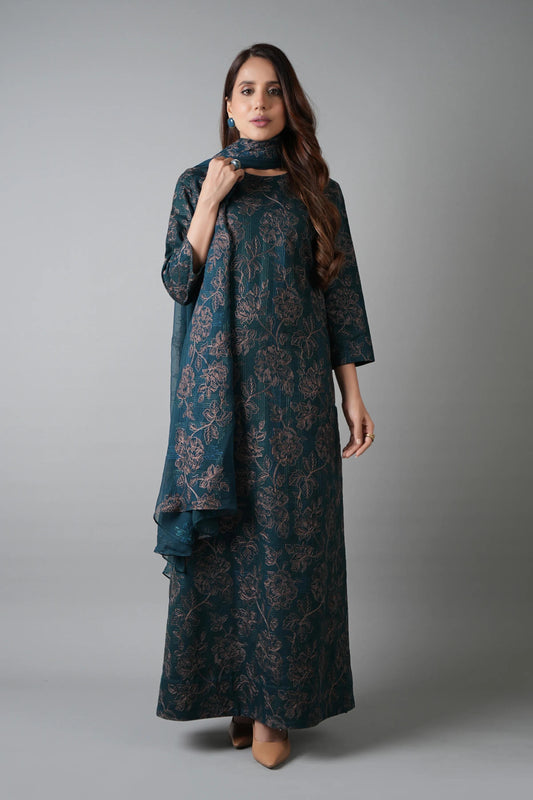 Bareeze- Karandi 3 Pcs All Over Embroidered Unstitched Suit With Chiffon Dupatta