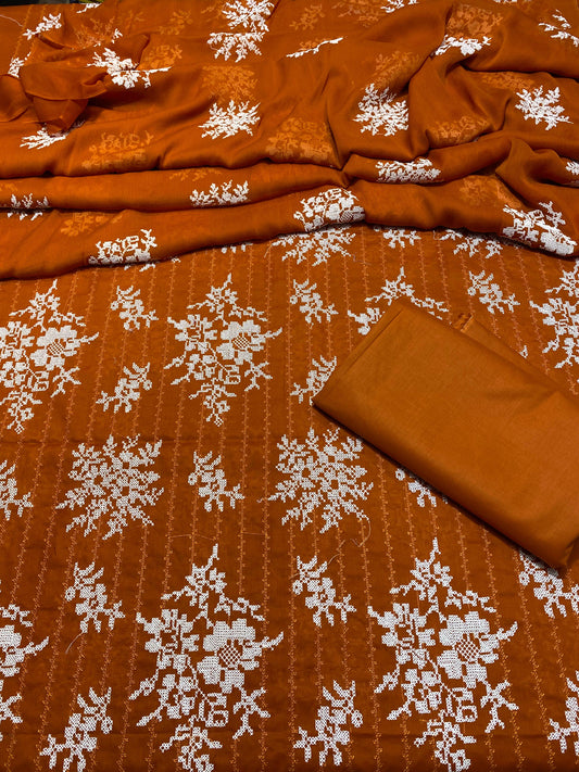 Lawn - 3Pcs All Over Embroidered Unstitched Suit with Chiffon Dupatta