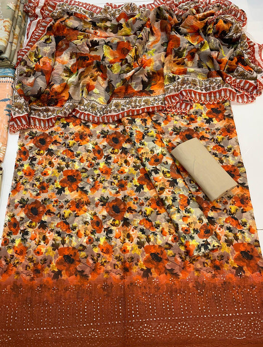 Printed Chikan Kari Lawn 3Pcs With Bemberg Printed Chiffon Dupatta Premium Unstitched Dress.