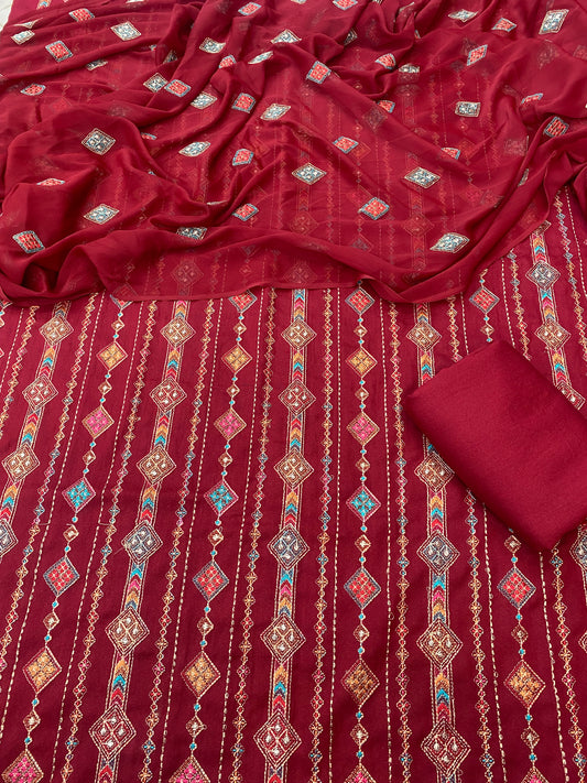 Bareeze- Karandi 3 Pcs All Over Embroidered Unstitched Suit With Chiffon Dupatta