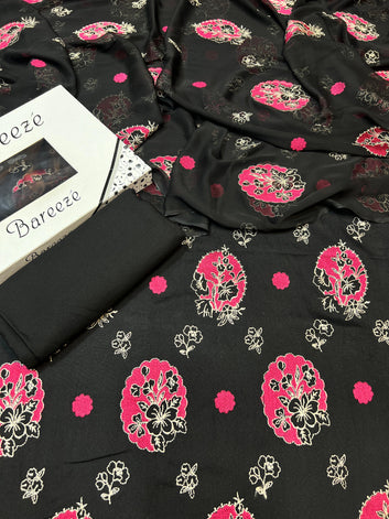 Bareeze- Karandi 3 Pcs All Over Embroidered Unstitched Suit With Chiffon Dupatta