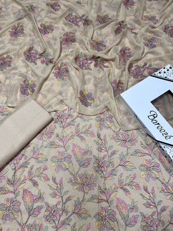 Bareeze- Karandi 3 Pcs All Over Embroidered Unstitched Suit With Chiffon Dupatta