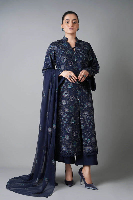 Bareeze- Karandi 3 Pcs All Over Embroidered Unstitched Suit With Chiffon Dupatta