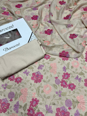 Bareeze- Karandi 3 Pcs All Over Embroidered Unstitched Suit With Chiffon Dupatta