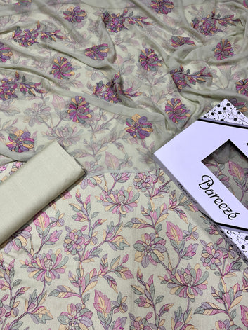 Bareeze- Karandi 3 Pcs All Over Embroidered Unstitched Suit With Chiffon Dupatta