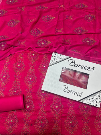 Bareeze - 9mm Lawn 3 Pcs Allover Embroidered unstitched Dress with Chiffon Dupatta.