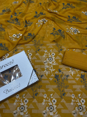 Bareeze- Karandi 3 Pcs All Over Embroidered Unstitched Suit With Chiffon Dupatta