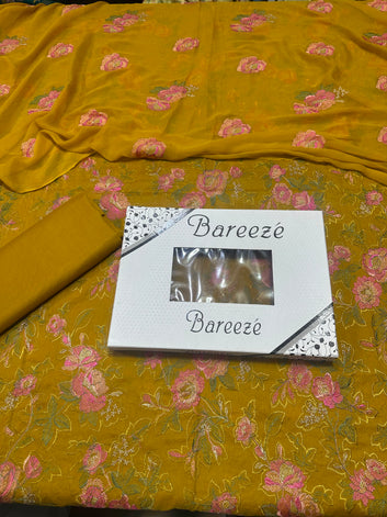 Bareeze - Lawn 3 Pcs Allover Embroidered unstitched Dress with Chiffon Dupatta.