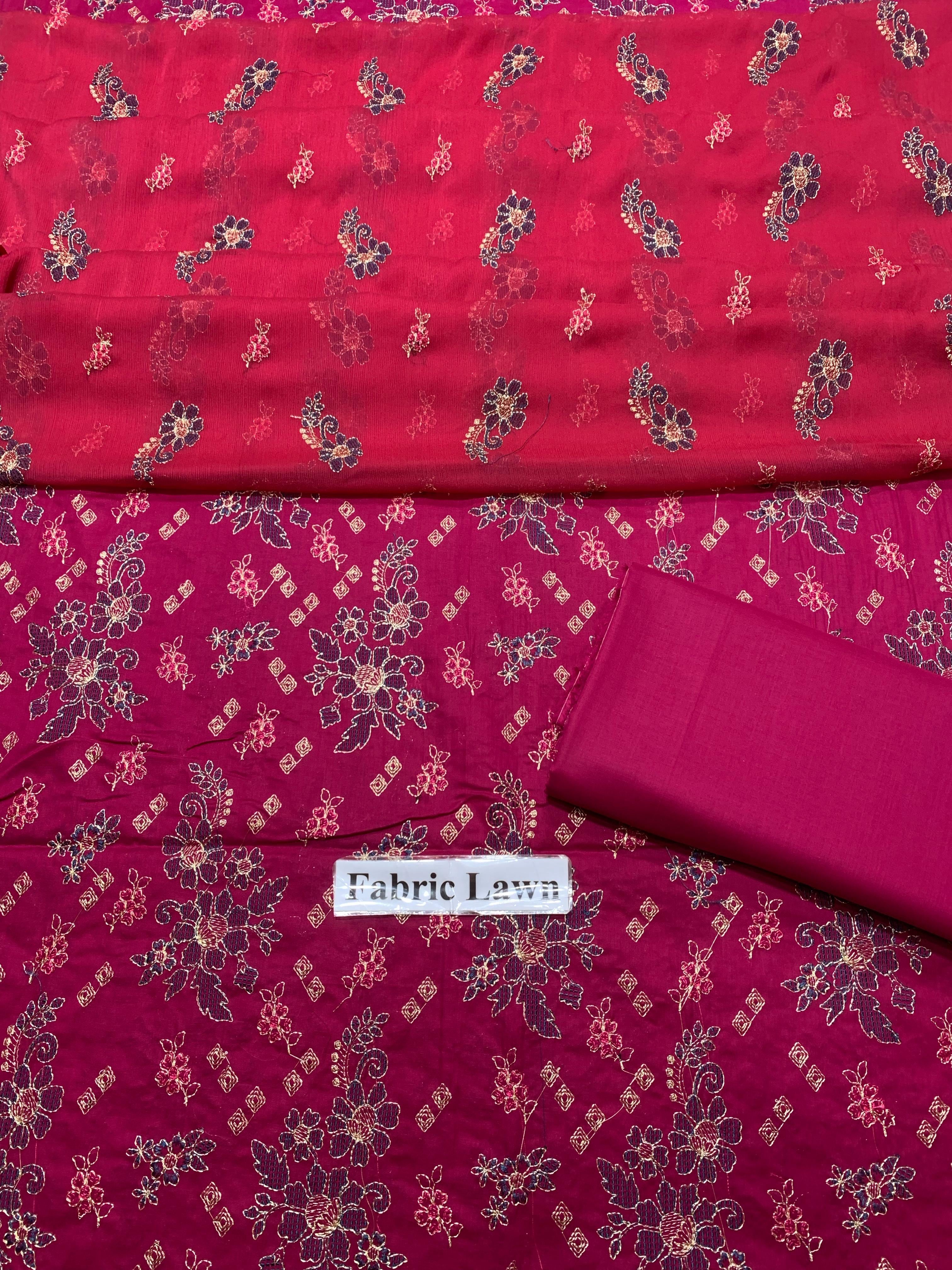 Lawn - 3Pcs All Over Embroidered Unstitched Suit with Chiffon Dupatta
