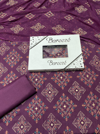 Bareeze- 9MM Karandi 3 Pcs All Over Embroidered Unstitched Suit With Chiffon Dupatta