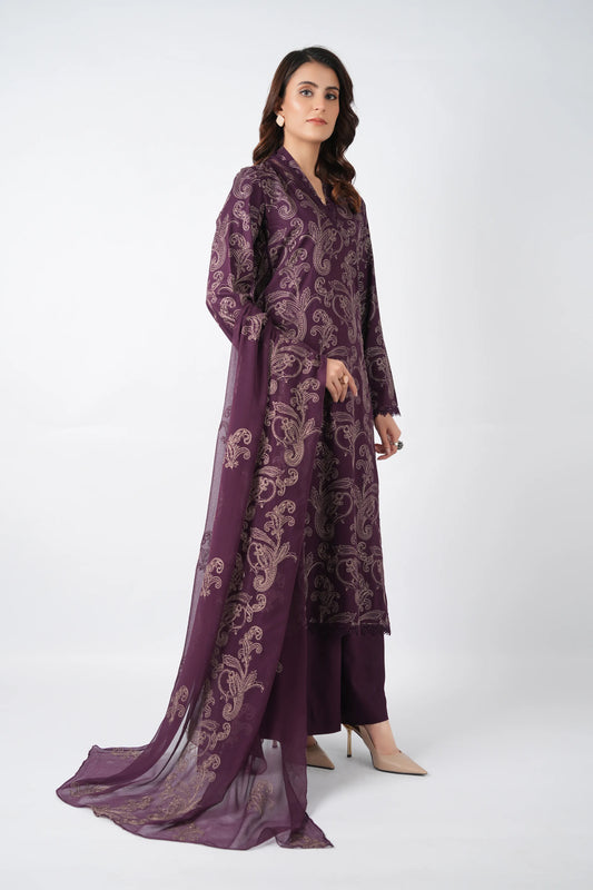 Bareeze- Karandi 3 Pcs All Over Embroidered Unstitched Suit With Chiffon Dupatta