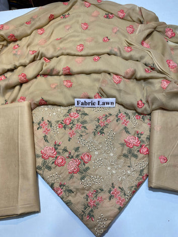 Chikan Kari - Lawn 3 Pcs Embroidered unstitched Dress with Chiffon Dupatta.