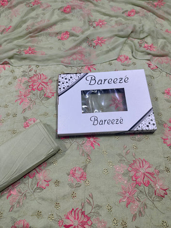 Bareeze- Karandi Chikan Kari 3 Pcs All Over Embroidered Unstitched Suit With Chiffon Dupatta