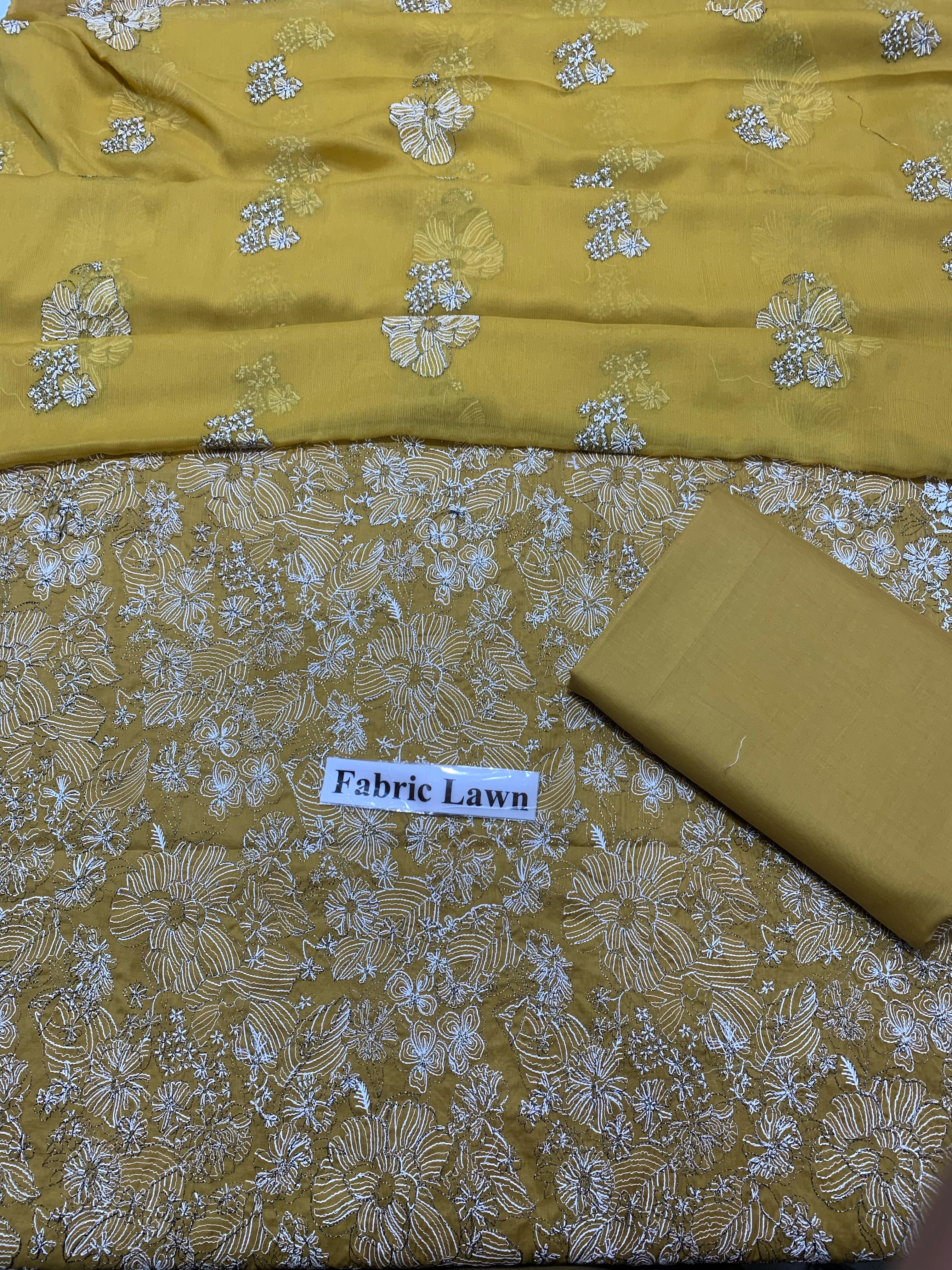 Lawn - 3Pcs All Over Embroidered Unstitched Suit with Chiffon Dupatta