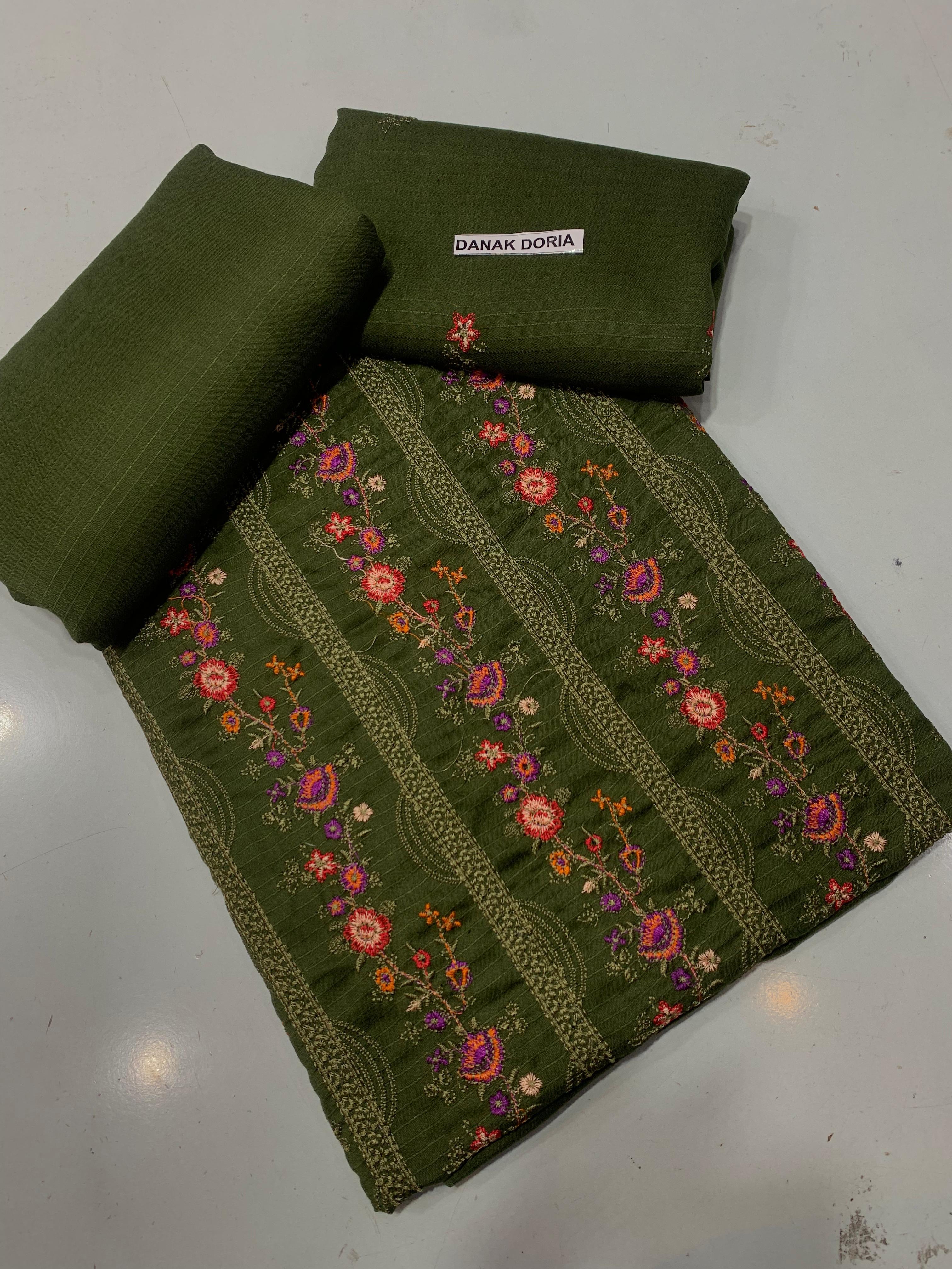 Doria Dhanak - 2Pcs Embroidered Shirt with Plain Trouser.