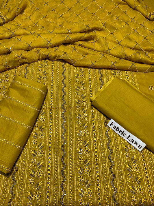 Pure Lawn 3 Pcs Embroidered unstitched Dress with Chiffon Dupatta.