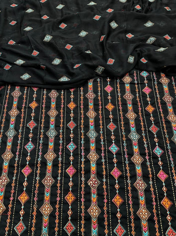Bareeze- Karandi 3 Pcs All Over Embroidered Unstitched Suit With Chiffon Dupatta