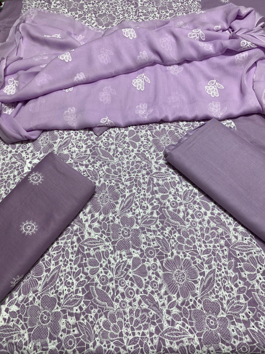 Chikan Kari - Lawn 3 Pcs Embroidered unstitched Dress with Chiffon Dupatta.