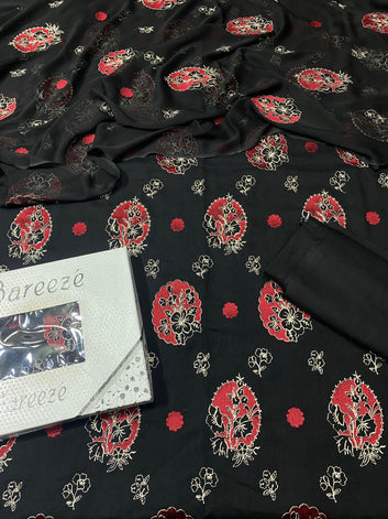 Bareeze- Karandi 3 Pcs All Over Embroidered Unstitched Suit With Chiffon Dupatta