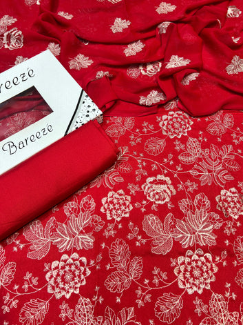 Bareeze- Karandi 3 Pcs All Over Embroidered Unstitched Suit With Chiffon Dupatta