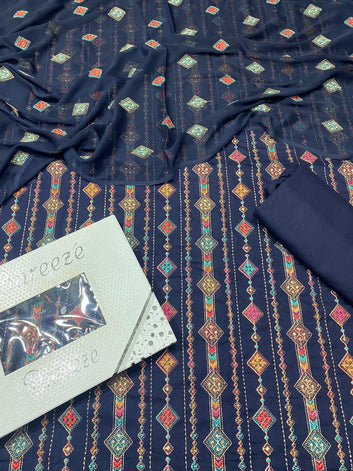 Bareeze- Karandi 3 Pcs All Over Embroidered Unstitched Suit With Chiffon Dupatta
