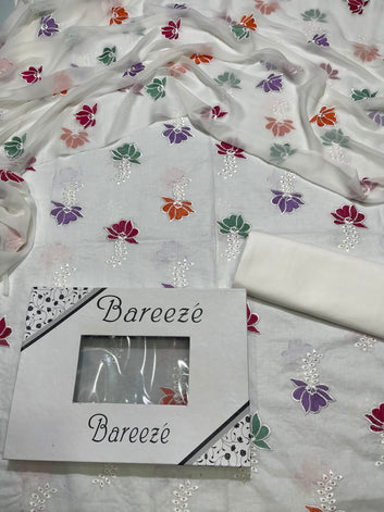 Bareeze - Chikan Kari Lawn 3 Pcs Allover Embroidered unstitched Dress with Chiffon Dupatta.