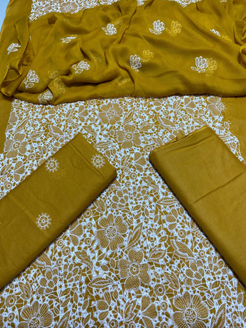 Chikan Kari - Lawn 3 Pcs Embroidered unstitched Dress with Chiffon Dupatta.