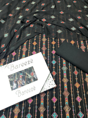 Bareeze- Karandi 3 Pcs All Over Embroidered Unstitched Suit With Chiffon Dupatta