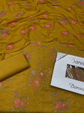 Bareeze- Karandi 3 Pcs All Over Embroidered Unstitched Suit With Chiffon Dupatta