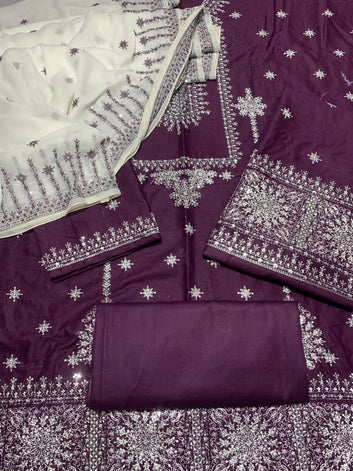 Pure Lawn 3 Pcs Heavy Embroidered unstitched Dress with Chiffon Dupatta. Hi