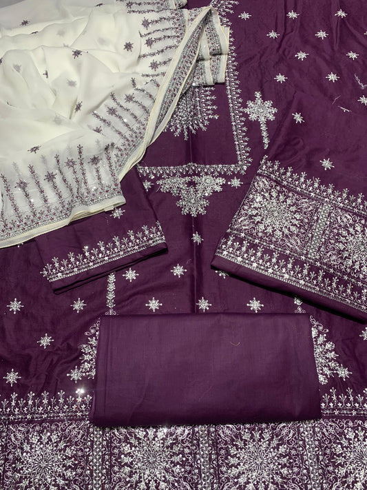 Pure Lawn 3 Pcs Heavy Embroidered unstitched Dress with Chiffon Dupatta.