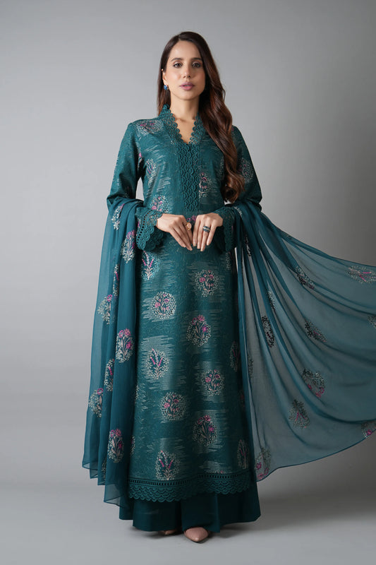 Bareeze- Karandi 3 Pcs All Over Embroidered Unstitched Suit With Chiffon Dupatta