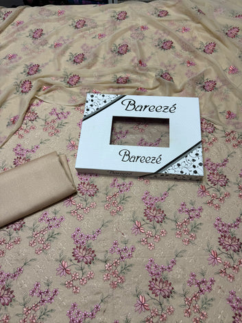 Bareeze- Karandi 3 Pcs All Over Embroidered Unstitched Suit With Chiffon Dupatta