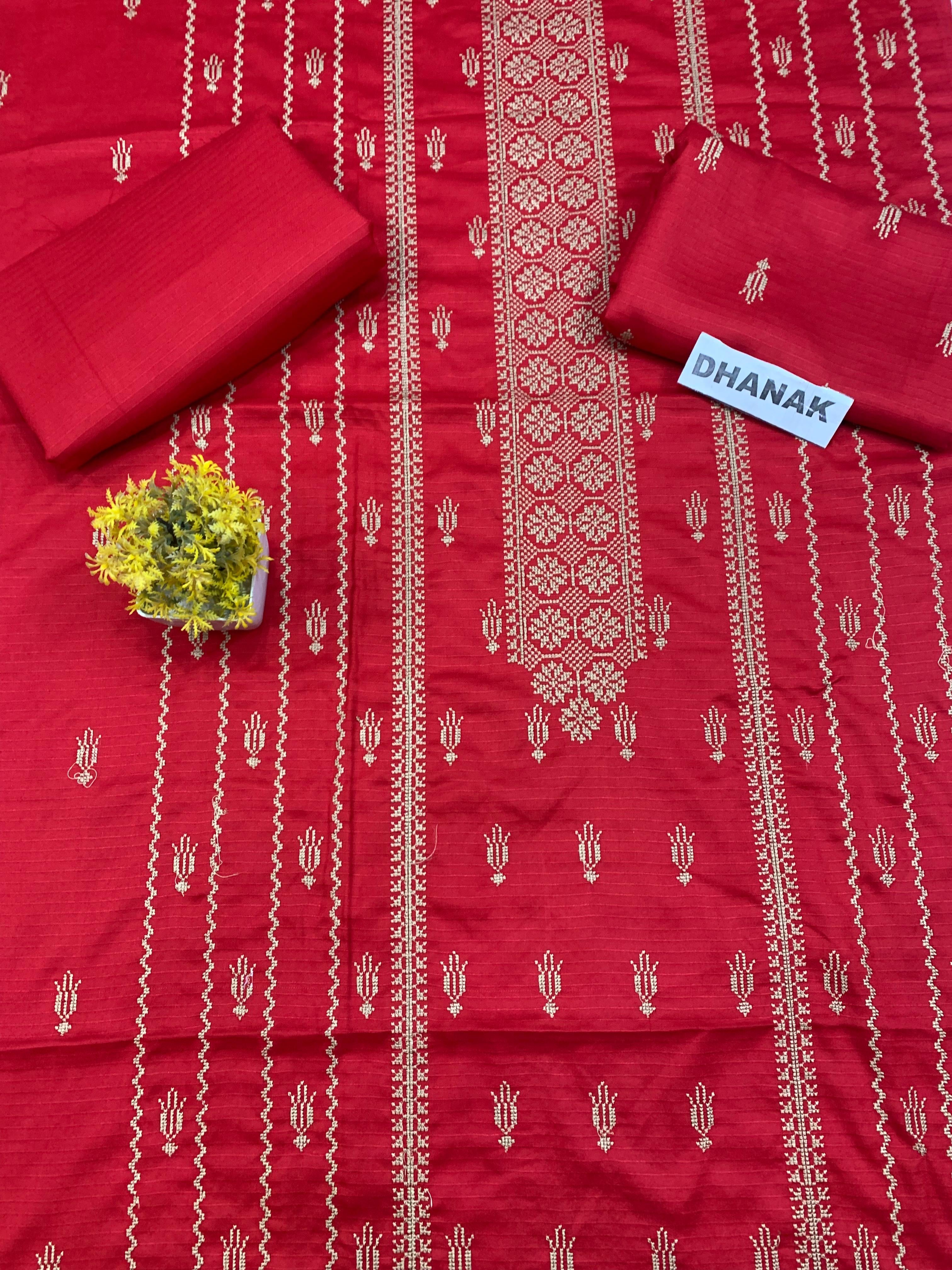 Doria Dhanak - 2Pcs Embroidered Shirt with Plain Trouser