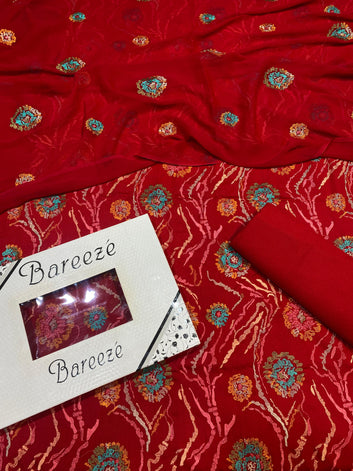 Bareeze- Karandi 3 Pcs All Over Embroidered Unstitched Suit With Chiffon Dupatta