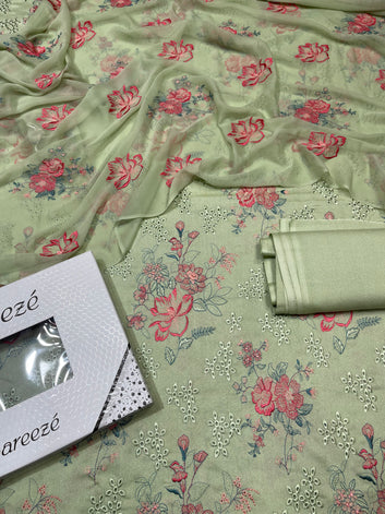 Bareeze- Karandi 3 Pcs All Over Embroidered Unstitched Suit With Chiffon Dupatta