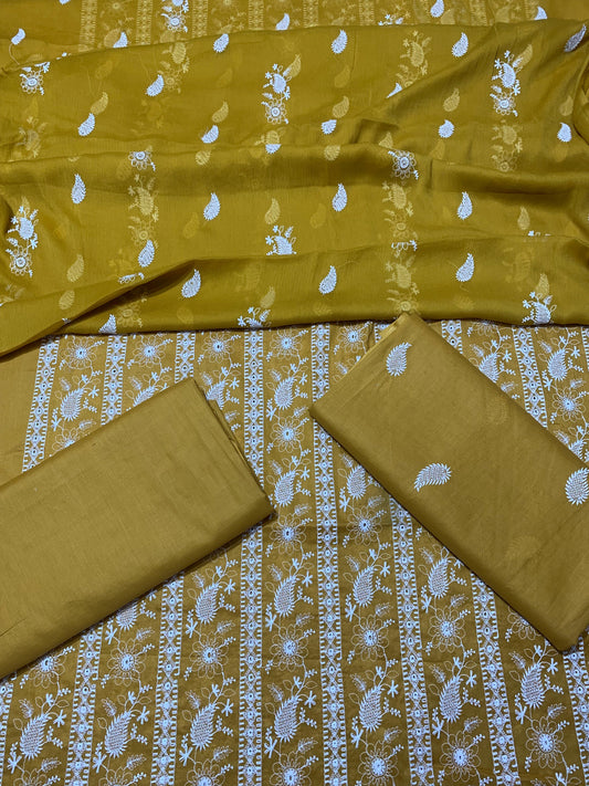 Chikan Kari - Lawn 3 Pcs Embroidered unstitched Dress with Chiffon Dupatta.
